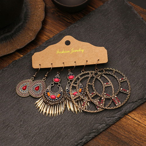 Three-piece earring set wholesale cross-border jewelry metal accessories drop-shaped oil drop earrings earring set combination