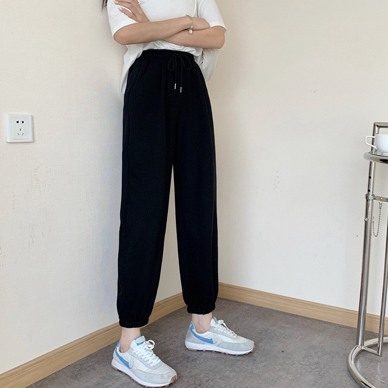 Stile sottile autunnale con elastico in vita in cotone sportivo ampio allacciato alla caviglia da donna Harlan, pantaloni casual a vita alta_voghion.com