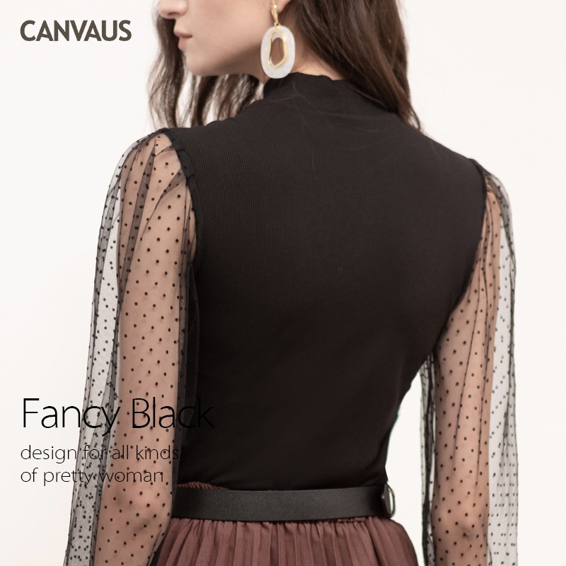 Canvaus ropa de las mujeres del otoño nueva media turtleneck manga larga puff apretado Internet Celebrity camiseta superior moda