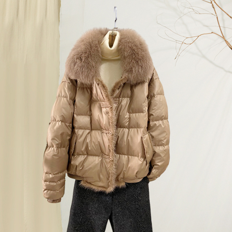 Cross-border Chinese Style Fashion Vintage Buckle Mink Hair Placket Down Jacket Women's Short Warm Wool Collar Coat Trendy