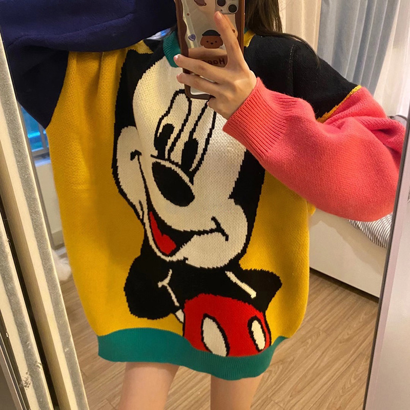 2023 Korean style autumn and winter New loose Mickey contrast color mid-length long sleeve thickened sweater women's knitted top outer wear
