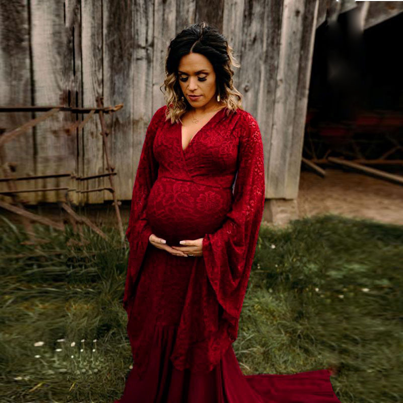 European and American Women's V-neck Trumpet Long Lace Super Long Trailing Pregnant Women's Long Dress Photography Dress 1126