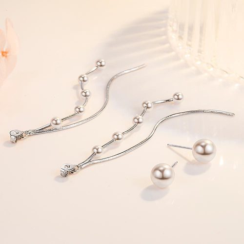Doudou silver plated earrings for women Korean style tassel style long pearl back hanging earrings simple earrings earrings