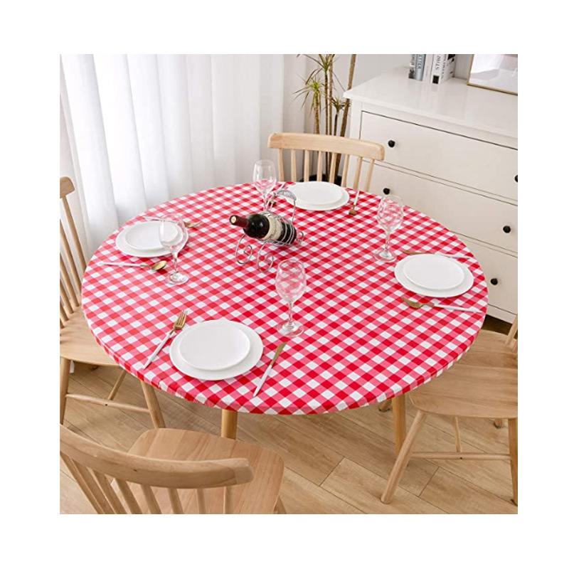 Mantel redondo de PVC transfronterizo impermeable y a prueba de aceite forrado de vellón grueso transparente impreso mantel de plástico banda elástica mantel de grano de madera