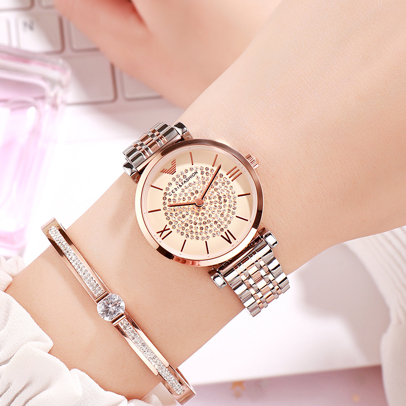 GEDI歌迪时尚潮流女士手表 轻奢满天星石英表气质女人钢带腕表女