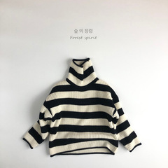 Autumn and Winter High-Neck Korean Style Children's Hooded Sweater Knit Long-Sleeve Forest Series Striped Sweater for Boys Black and White Sweater