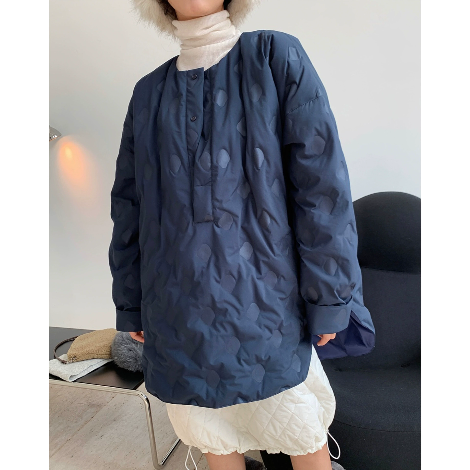 Зимняя куртка-пуховик, Oversized в корейском стиле, круглым воротом, 90% пух дикой утки, велюровый верха