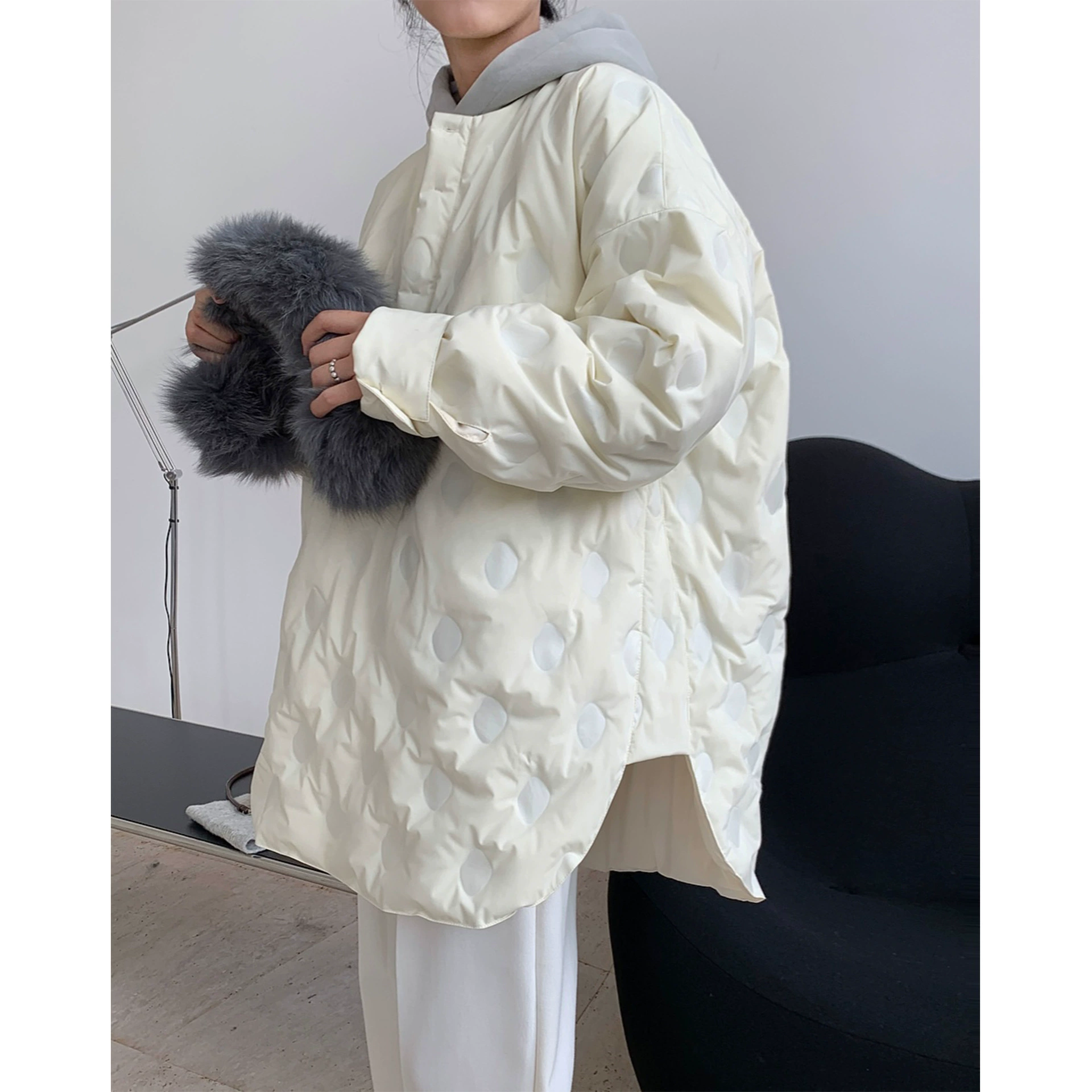 Зимняя куртка-пуховик, Oversized в корейском стиле, круглым воротом, 90% пух дикой утки, велюровый верха
