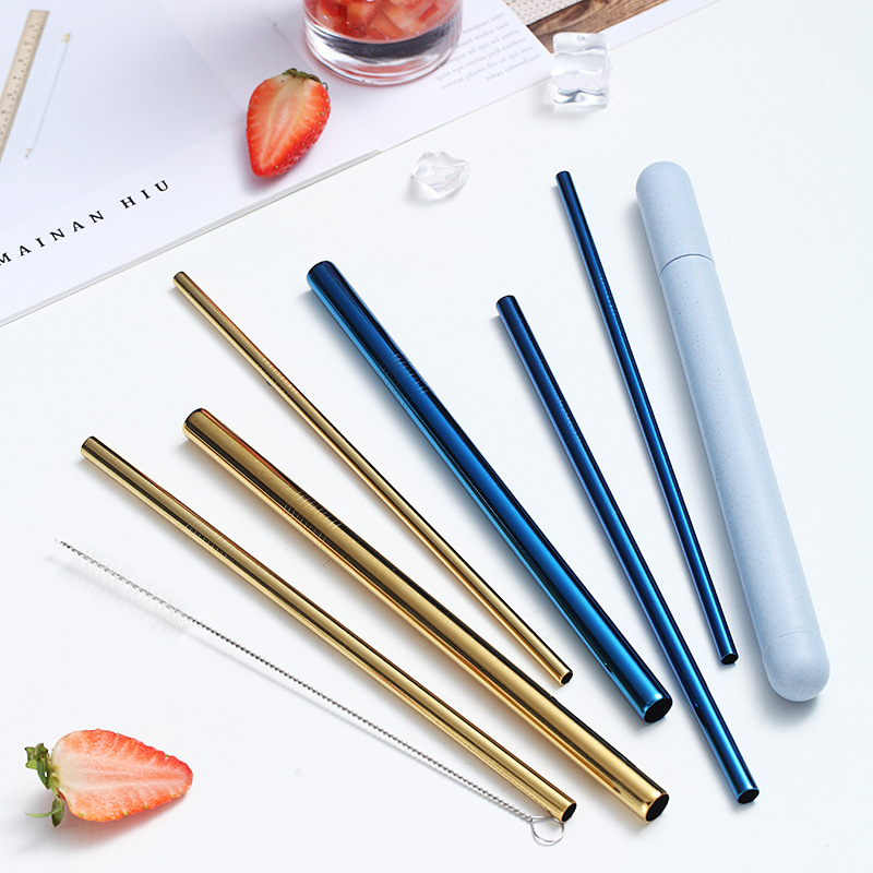 Creative 304 stainless steel straw with logo printing wheat straw storage box travel straw dustproof portable set