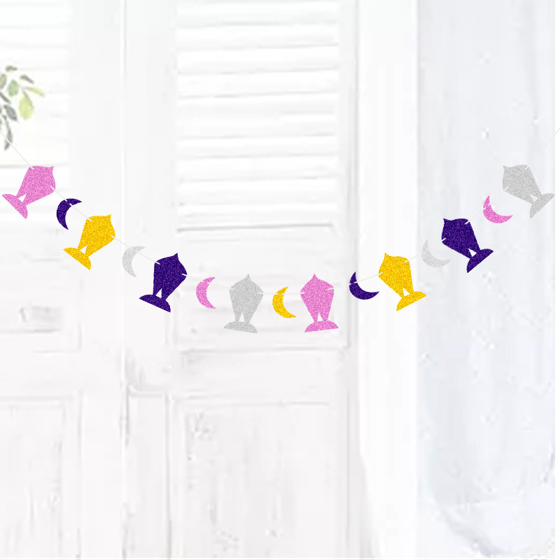 Fiesta festiva Bandera Fiesta decoración azul púrpura oro plata pez luna forma cebolla polvo brillante dibujo de flores