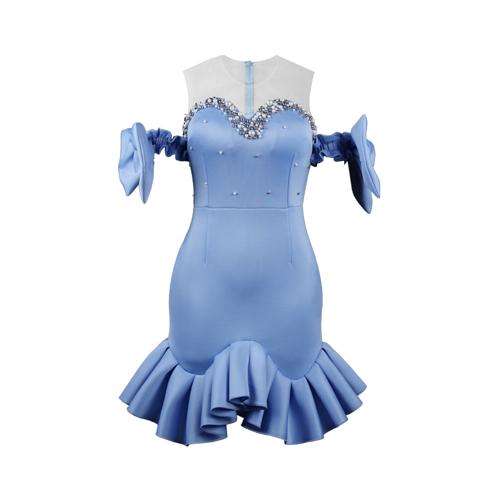 Spliced See-Through Mesh Beaded Bow Hip Skirt Party Plus Size Women's Dress Party Dress