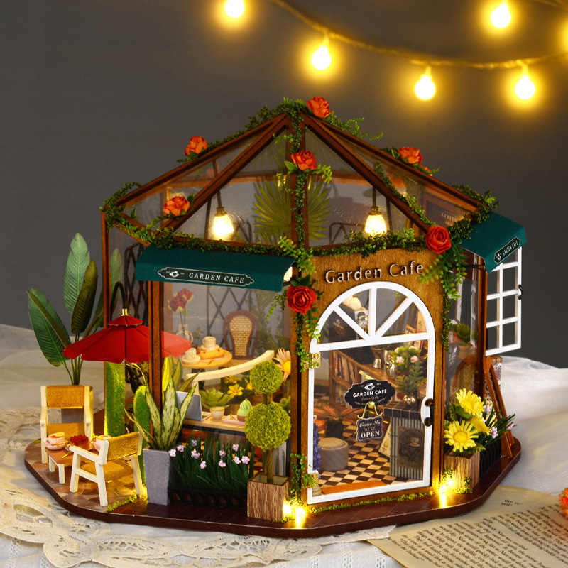 Zhiquwu Flower House Coffee DIY Cottage Toy Model Wooden 3D Assembly Kit as a Birthday Gift for Girlfriend
