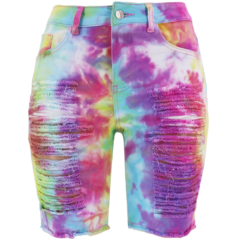FUENTE fabricantes en stock al por mayor de Europa y América Amazon verano en línea celebridad de las mujeres de cintura alta tie-dyed ripped Denim medio Pantalones
