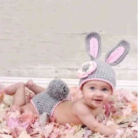 心之丹简约编织款婴儿摄影服时尚灰白色舒适透气兔耳帽保暖兜裆裤