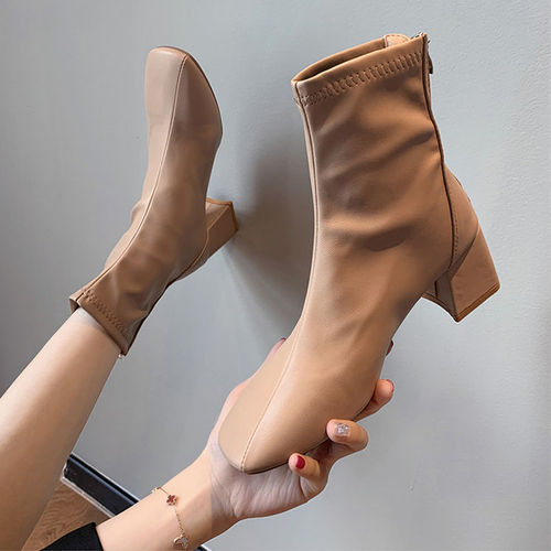 Martin boots women's British style 2024 spring and autumn new square toe thick heels internet celebrity high heels women's boots Chelsea short boots