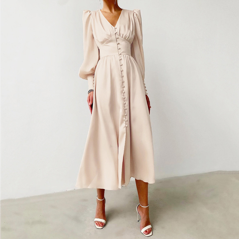European and American Satin Elegant Long Dress for Women, 2026 Autumn New Style, Puff Sleeves, Waist-Cinching, Slimming Design, Women's Dress European and American Satin Elegant Long Dress for Women, 2026 Autumn New Style, Puff Sleeves, Waist-Cinching, Slimming Design, Women's Dress