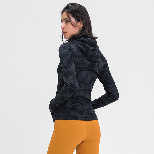 New Autumn and Winter Women's Sports Hooded Jacket Women Slim Shaping Stretch Printed Running Zipper Yoga Jacket