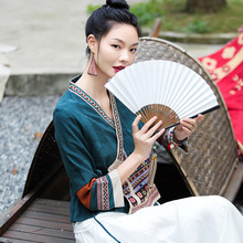 2023秋季新款复古女装棉麻提花斜襟盘扣汉服小衫刺绣禅意茶服外