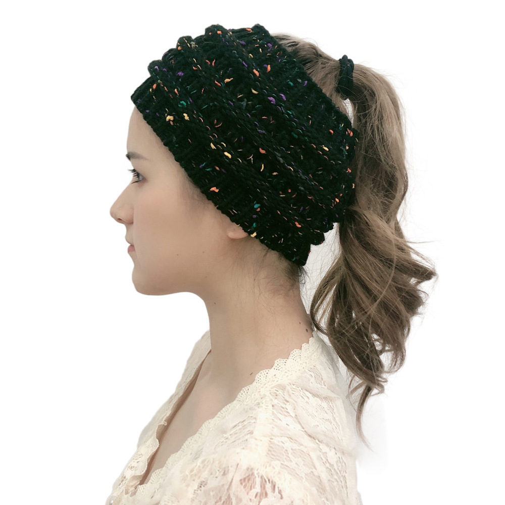 2020 Amazon European and American New Color Knitted Ponytail Hat Outdoor Warm No Top Striped Wool Hat Hair Band