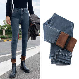 加绒牛仔裤女高腰2025新款冬季韩版显瘦显高加厚小脚铅笔长裤子女