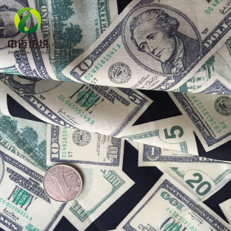 厂家直销 全棉活性数码印花布 美金图案印花面料 服装女装用布