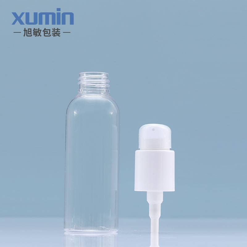 Botella de loción de 100-250 ml, botella PET transparente de hombro redondo, tapa abatible blanca con cierre, botella de presión de mercurio, materiales de embalaje Xumin para cosméticos
