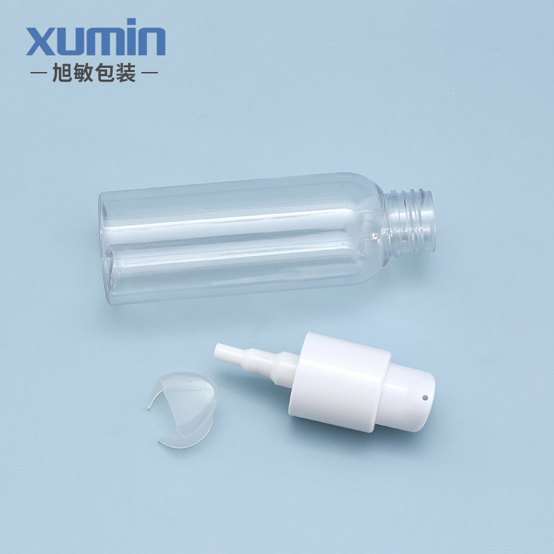 Botella de loción de 100-250 ml, botella PET transparente de hombro redondo, tapa abatible blanca con cierre, botella de presión de mercurio, materiales de embalaje Xumin para cosméticos