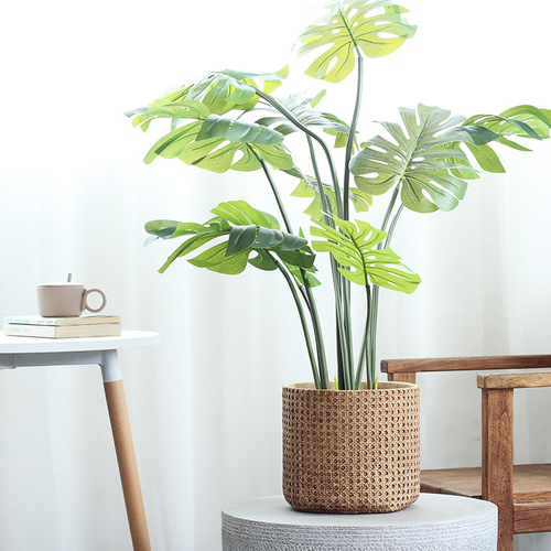 Nordic cement flower pot living room floor-standing large simple indoor potted plant creative personality imitation woven bamboo pot pot