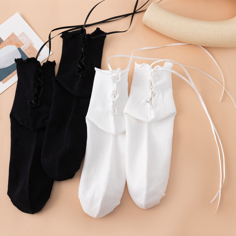 Calcetines con cordones de mujer color sólido blanco y negro correa de tacón media pantorrilla calcetines de encaje estilo Lolita estilo japonés calcetines al por mayor