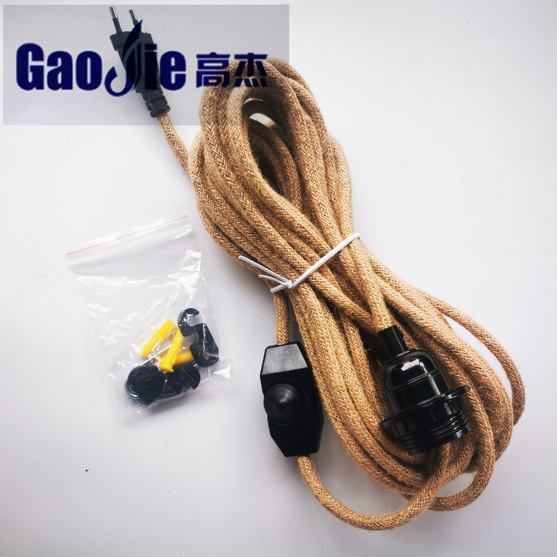 跨境电商欧规麻绳编织护套吊灯麻绳调光开关电木灯头创新复古灯