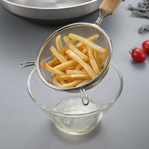 304 stainless steel large colander filter mesh wooden handle double ear deep-frying scoop household kitchen utensil noodle scoop filter