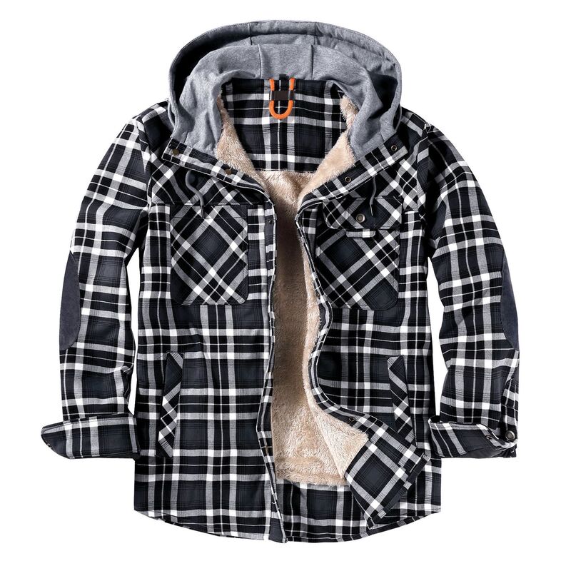 Cross-border American Size Large Size Plaid Printed Men's Long-sleeved Shirt Fleece-lined Knitted Hooded Warm Pure Cotton Jacket Coat