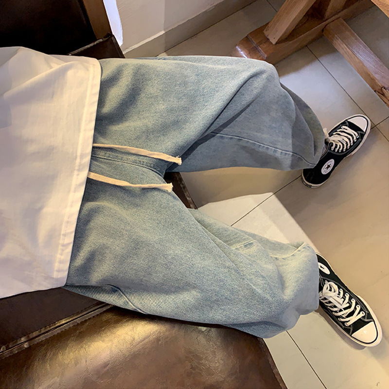 Japanese draw rope bundle foot fodder jeans male Tide brand ancient end-of-fashion wide-legged loose lantern pants