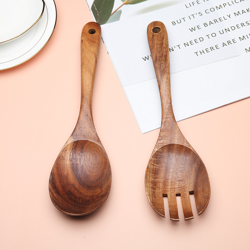 Cuchara de madera de estilo japonés Tenedor de madera de acacia cuchara de madera maciza cuchara de arroz para el hogar pequeña ensalada para cocinar cuchara de agitación Tenedor letras