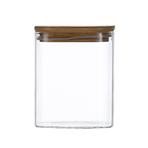 High borosilicate square glass sealed jar kitchen miscellaneous grains moisture-proof storage storage jar bamboo lid glass sealed tea jar