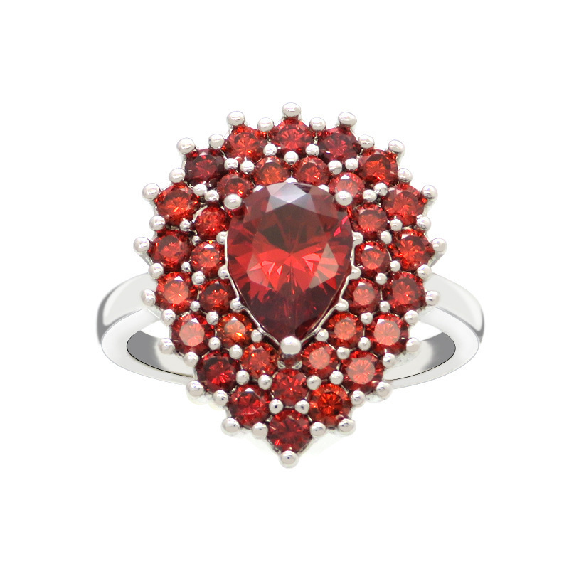 Anillo DE BODA europeo y americano de comercio exterior Anillo de gota de agua en forma de pera de rubí Espejo de alabanza de diamante completo de las mujeres Comercio electrónico joyería caliente al por mayor