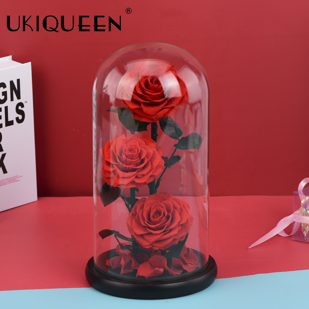 Flor eterna, tres rosas en una cúpula de cristal, producto terminado, decoración de regalo, ramo de flores, caja de regalo, flores preservadas que no se marchitan