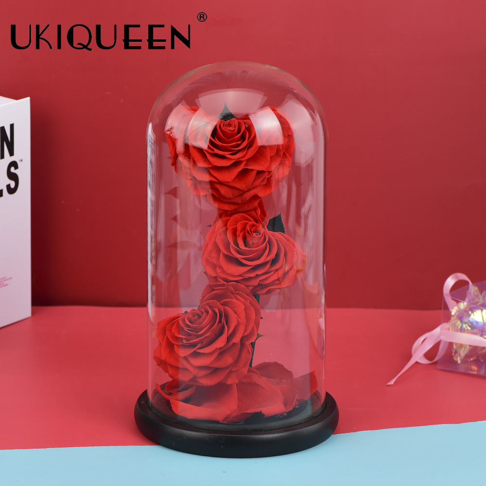 Flor eterna, tres rosas en una cúpula de cristal, producto terminado, decoración de regalo, ramo de flores, caja de regalo, flores preservadas que no se marchitan