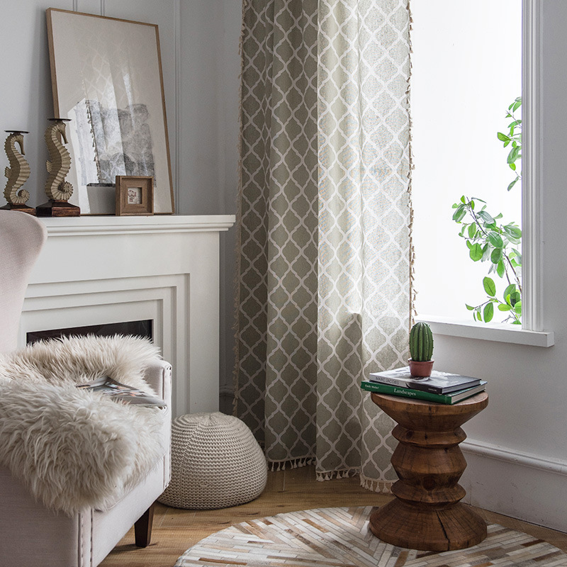 Minimalist Foreign Trade Polyester-cotton Geometric Diamond Pattern Yellow-green Tassel Fabric Home And Homestay Use,_voghion.com