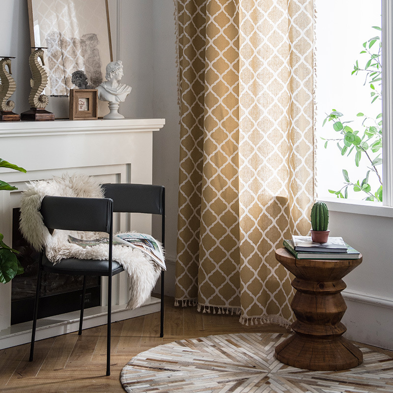 Geometric Diamond Tassel Curtain Yellow Green Polyester Cotton_voghion.com