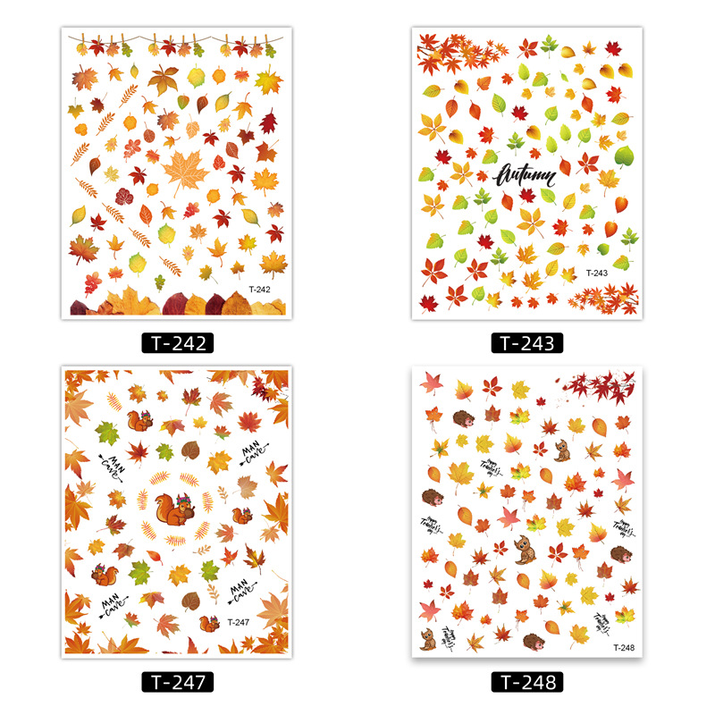 Venta caliente de ardilla de hoja de arce con pegatinas de uñas adhesivas Transfronteriza manicura popular hoja de arce pegatinas de uñas Otoño e Invierno