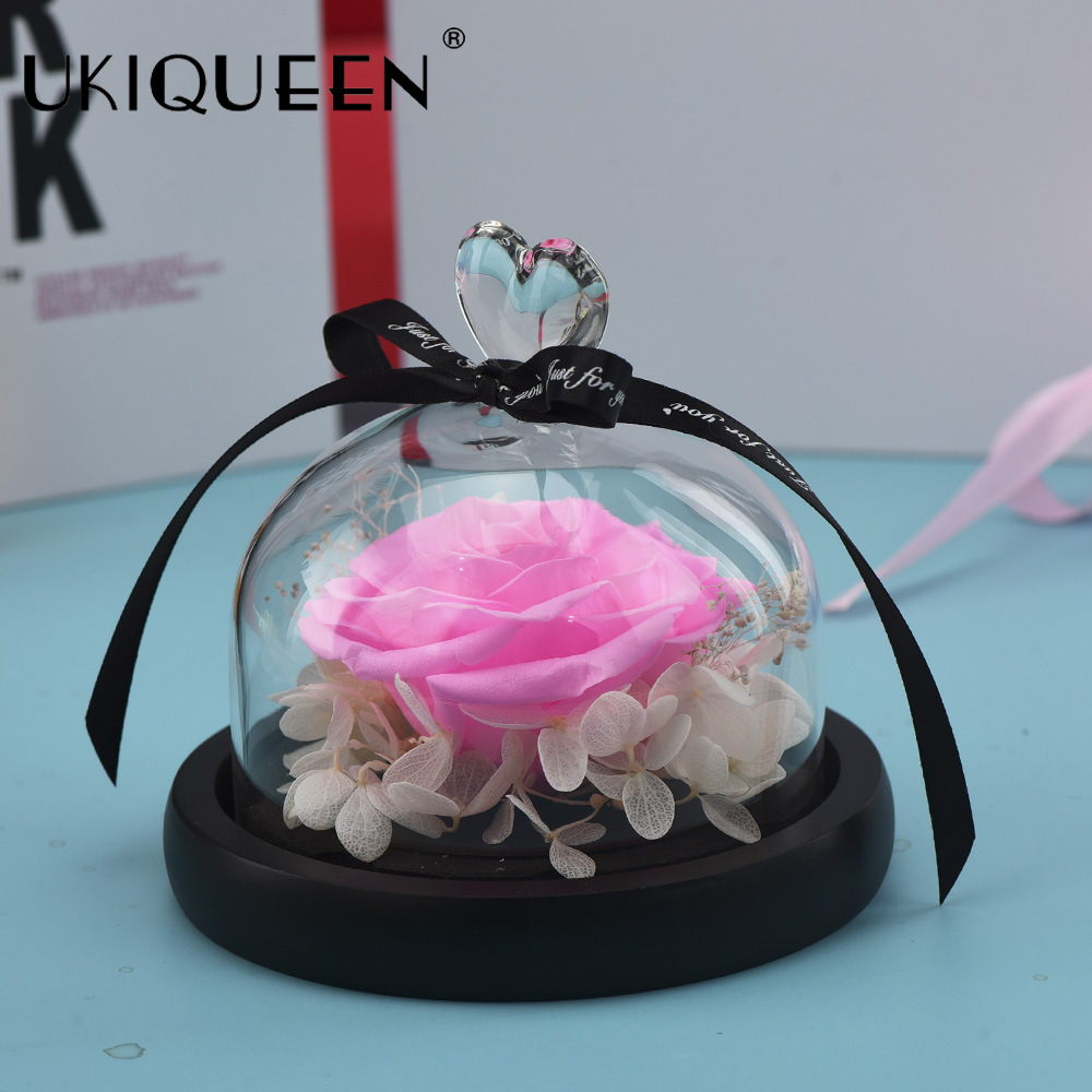 Pequeña rosa eterna en cúpula de cristal, producto terminado, regalo de San Valentín, adorno de alta gama, fabricante de Amazon, venta al por mayor