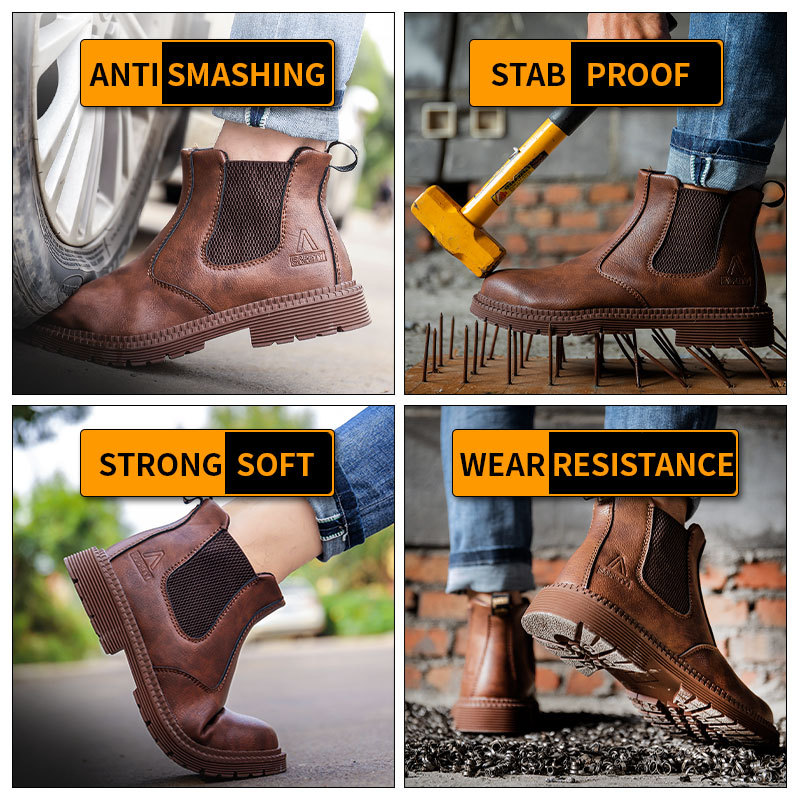 Botines de Seguridad Impermeables de Cuero Vacuno, Antiaplastamiento, Antiperforación, Antideslizante, para Trabajo Industrial