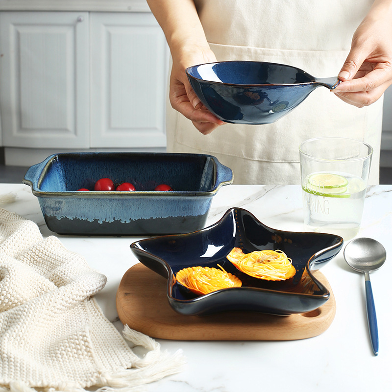 Horno de estilo japonés vidriado vajilla de cerámica restaurante creativo plato de sabor plato de forma especial cuenco para hornear binaural plato de sopa vintage plato de sushi