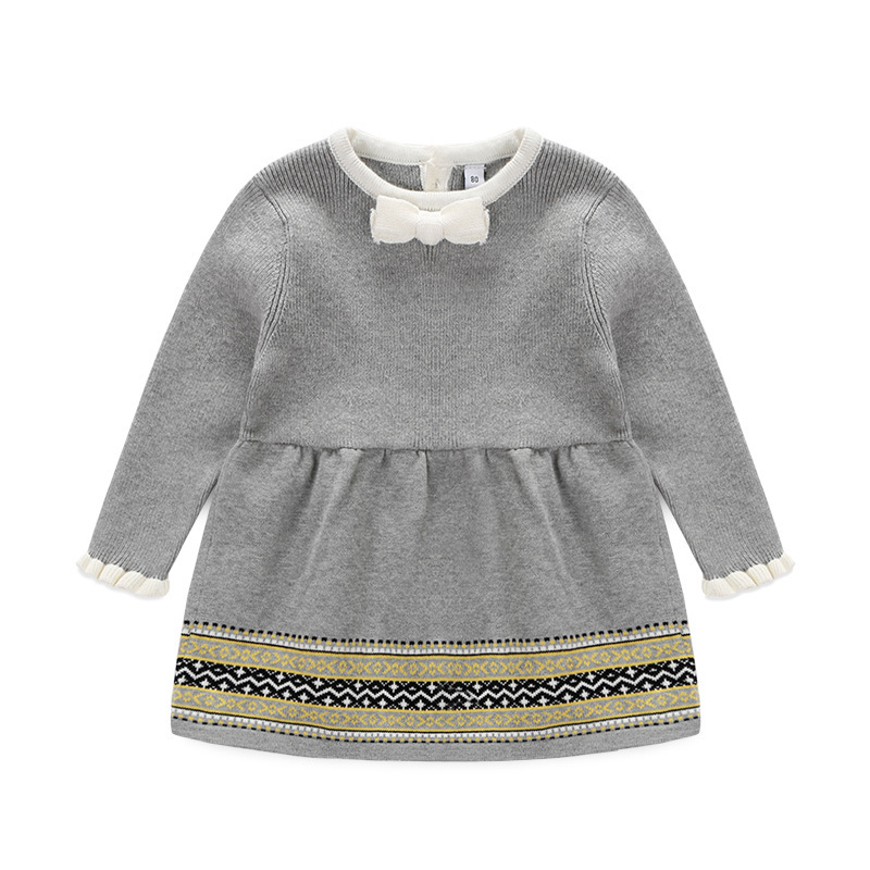 ins爆款春秋女童针织连衣裙棉线长袖儿童毛衣裙宝宝灰色公主裙