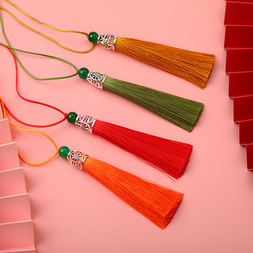 Runsu tassel 8cm green jade beads tassel tassel metal hollow rice hat hanging tassel diy hanfu sachet fan pendant