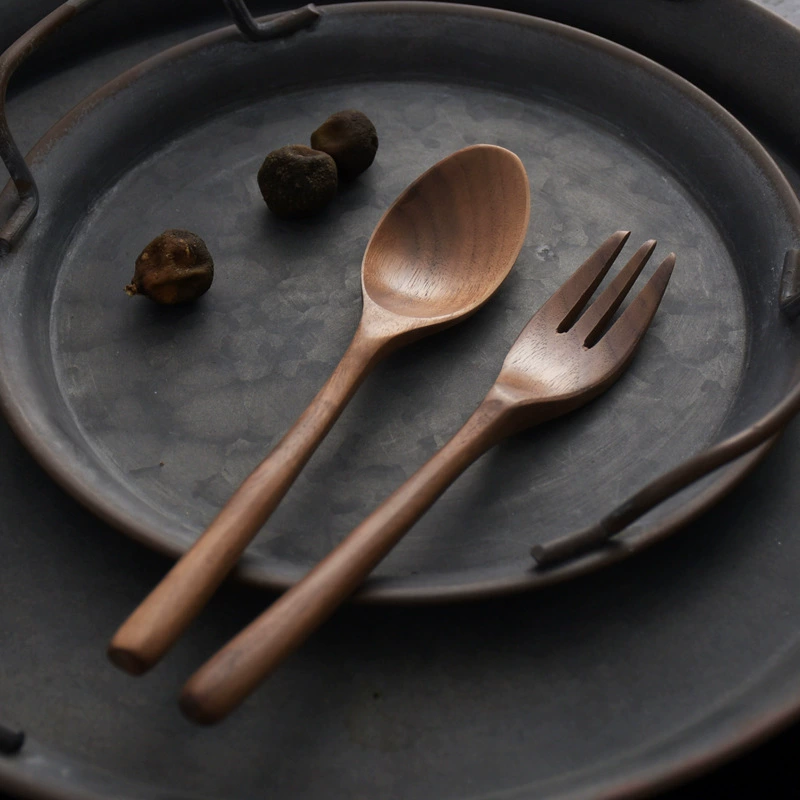 Wooden Japanese organic set, tableware, retro fork