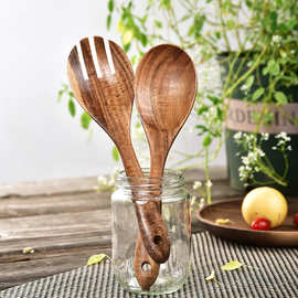 日式相思木沙拉勺叉套装 实木组合料理勺叉 大号木勺木叉搅拌叉勺