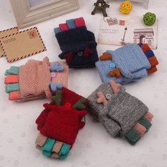 Winter New Children's Mittens Half Finger Flip-Up Dual-Purpose Separable Knitted Large Kids' Mittens Cartoon Warm Writing Mittens