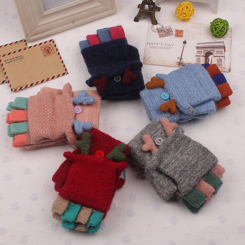 Winter New Children's Mittens Half Finger Flip-Up Dual-Purpose Separable Knitted Large Kids' Mittens Cartoon Warm Writing Mittens